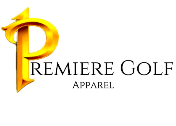 A gold stylized letter P logo next to the text 'PREMIERE GOLF APPAREL' in black serif font on a plain white background.